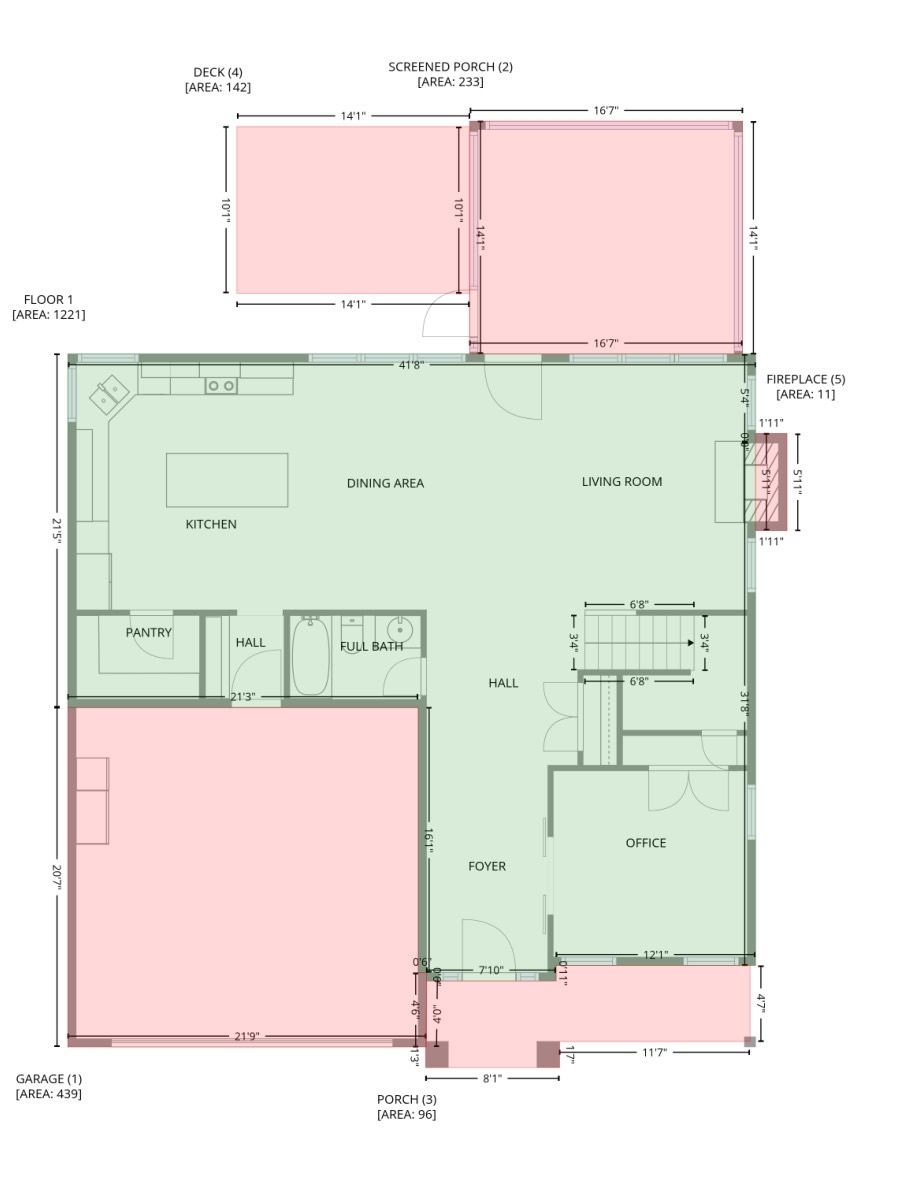 GLA floor plan with room labels and measurements, living area shaded green and garage, porch and deck shaded pink